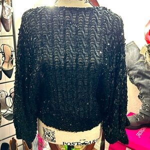 St Martin Sequin Top Black Pullover Evening Party Long Sleeve Vintage Blouse. M